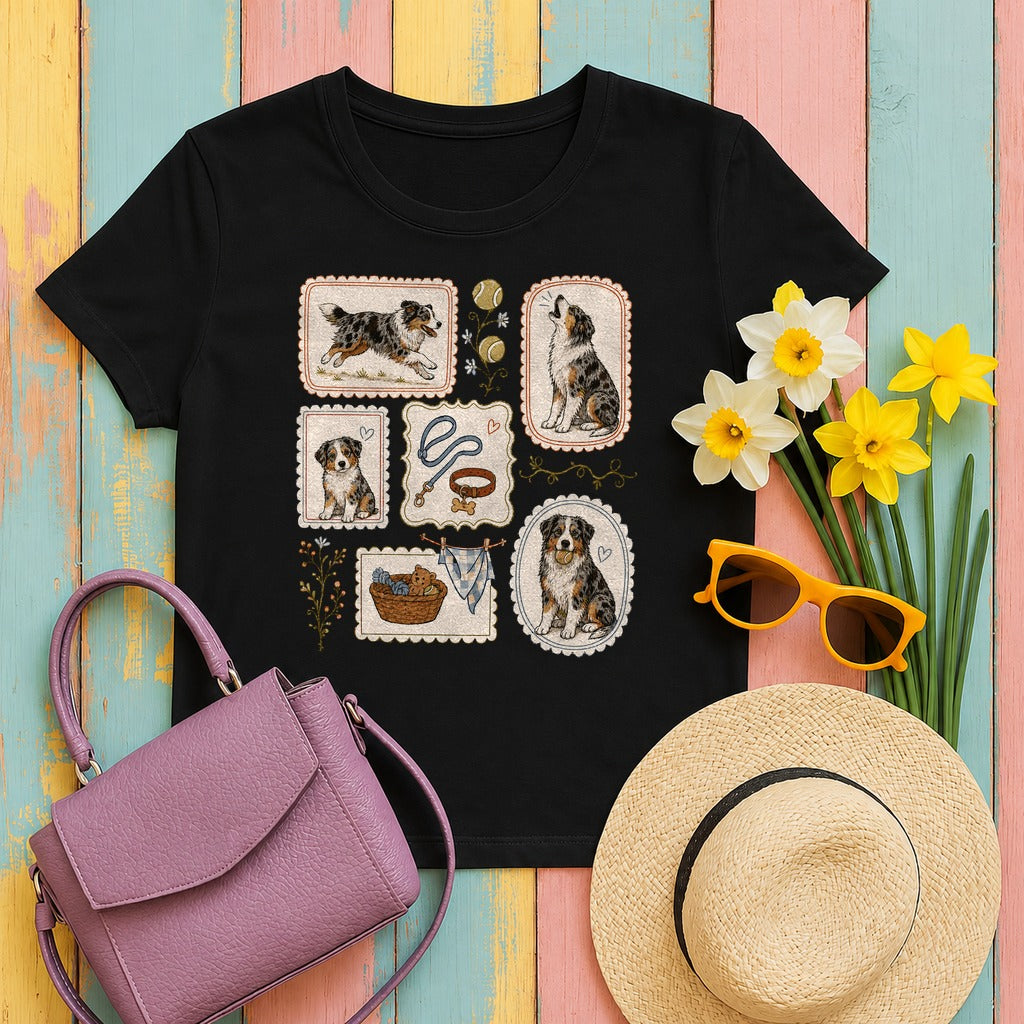Aussie Life Vintage Stamps T-Shirt in Black