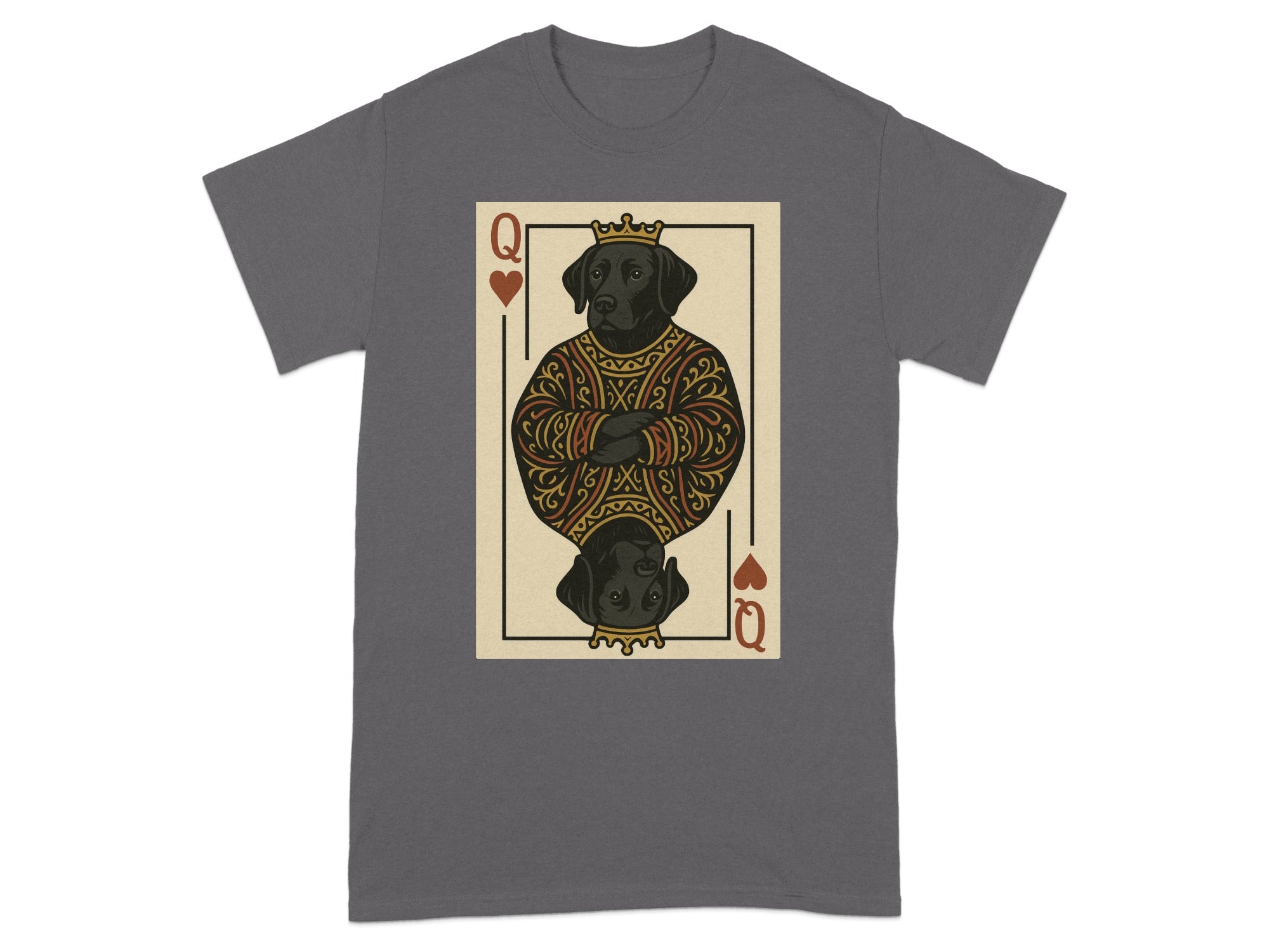 Queen of hearts playing card featuring a black Labrador with a crown.