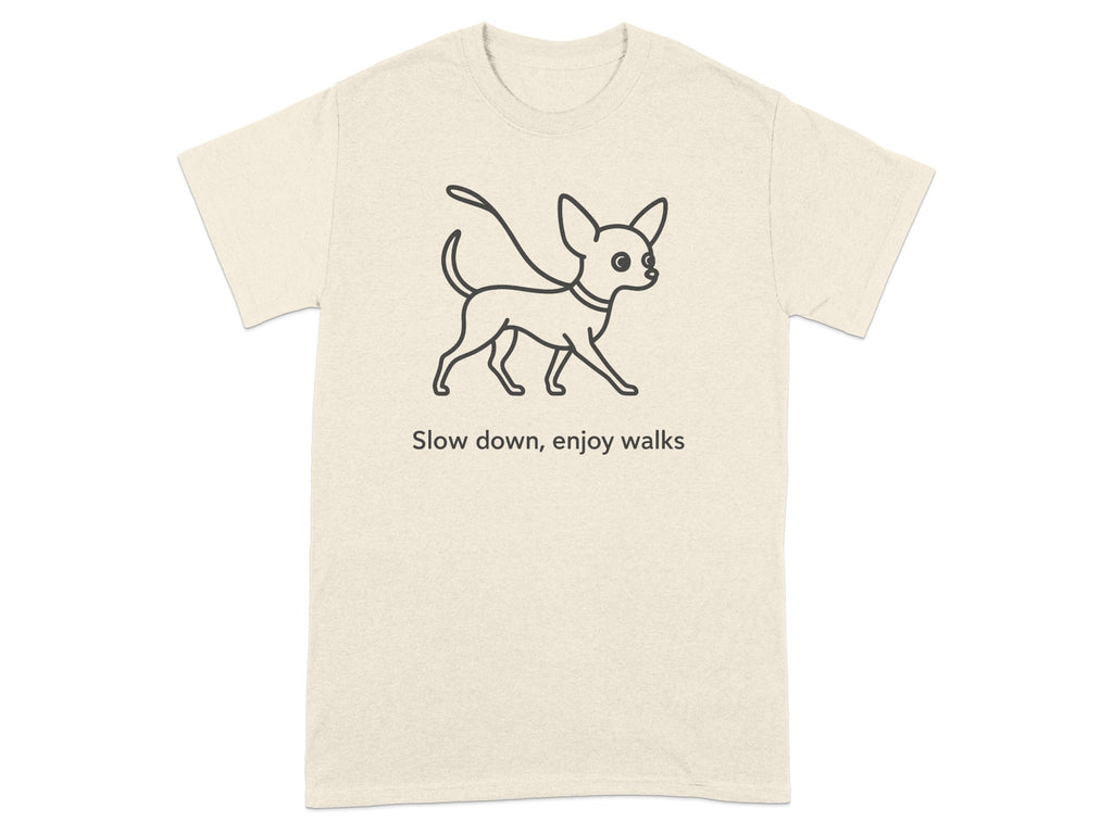 Cream t-shirt with a line drawing of a chihuahua on a leash and text.
