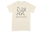 Cream t-shirt with a line drawing of a chihuahua on a leash and text.