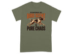 Olive green t-shirt with a running dog and text "POWERED BY BIRD SCENT & PURE CHAOS".