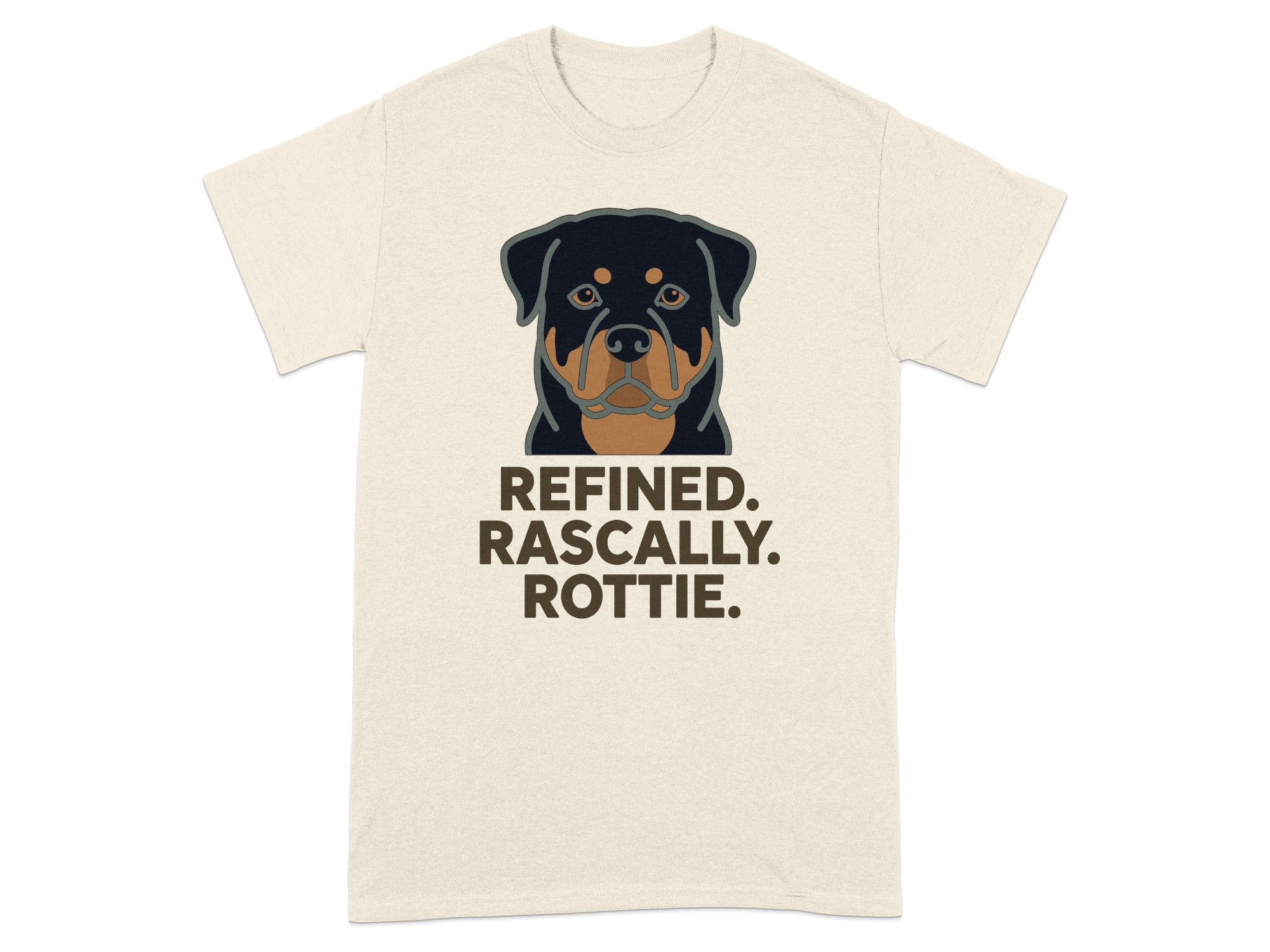 Cream t-shirt with a Rottweiler graphic and text "REFINED. RASCALLY. ROTTIE."