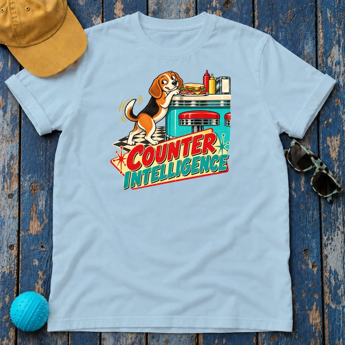 Counter Intelligence Beagle T-Shirt in Light Blue - flat lay