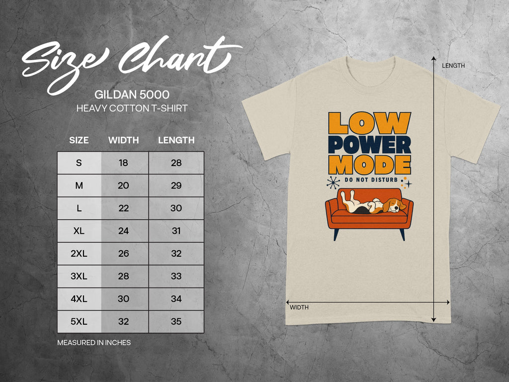 Gildan 5000 t-shirt size chart with "Low Power Mode" graphic.