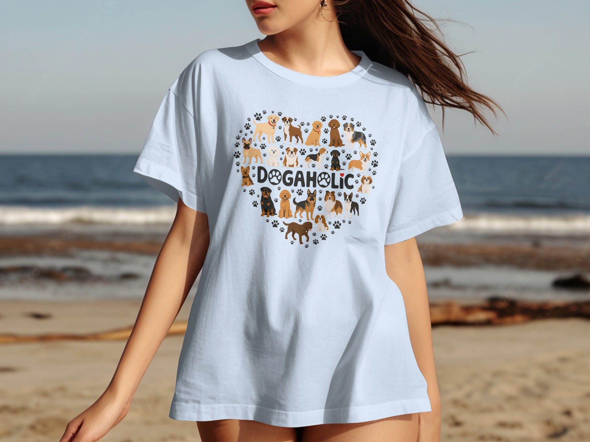 Light blue t-shirt with a heart-shaped dog collage and "DOGAHOLIC" text.