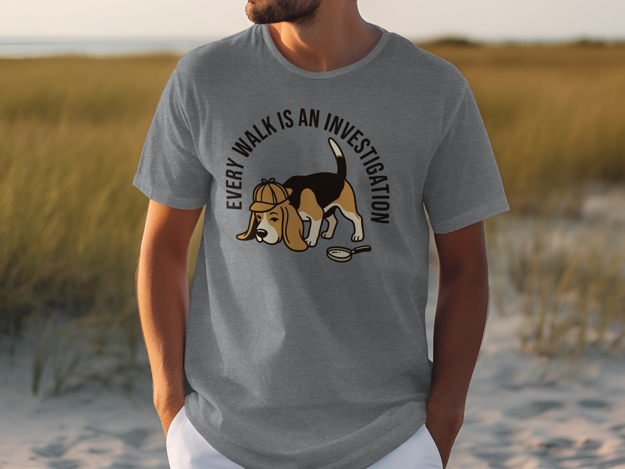 Grey t-shirt with a beagle wearing a detective hat and magnifying glass.