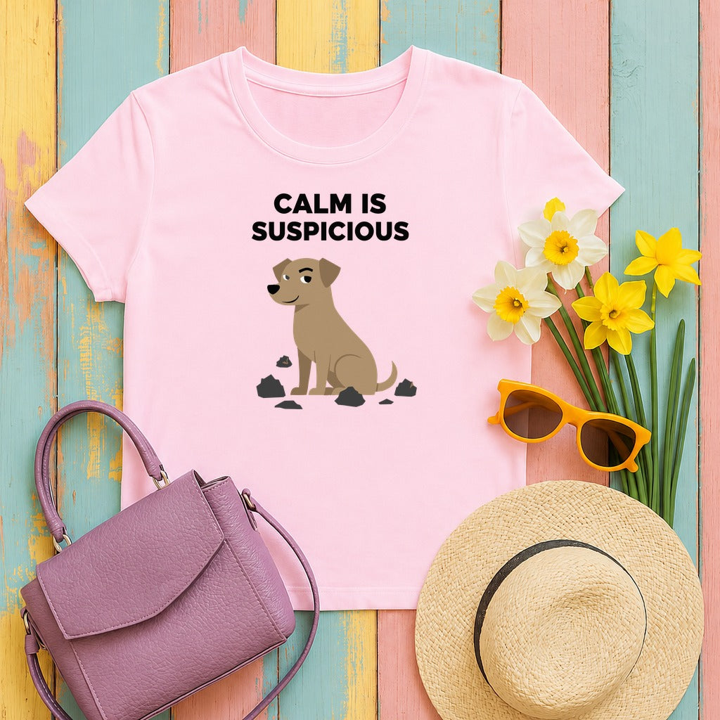 CALM IS SUSPICIOUS Dog Graphic Humorous Quote T-Shirt in Light Pink