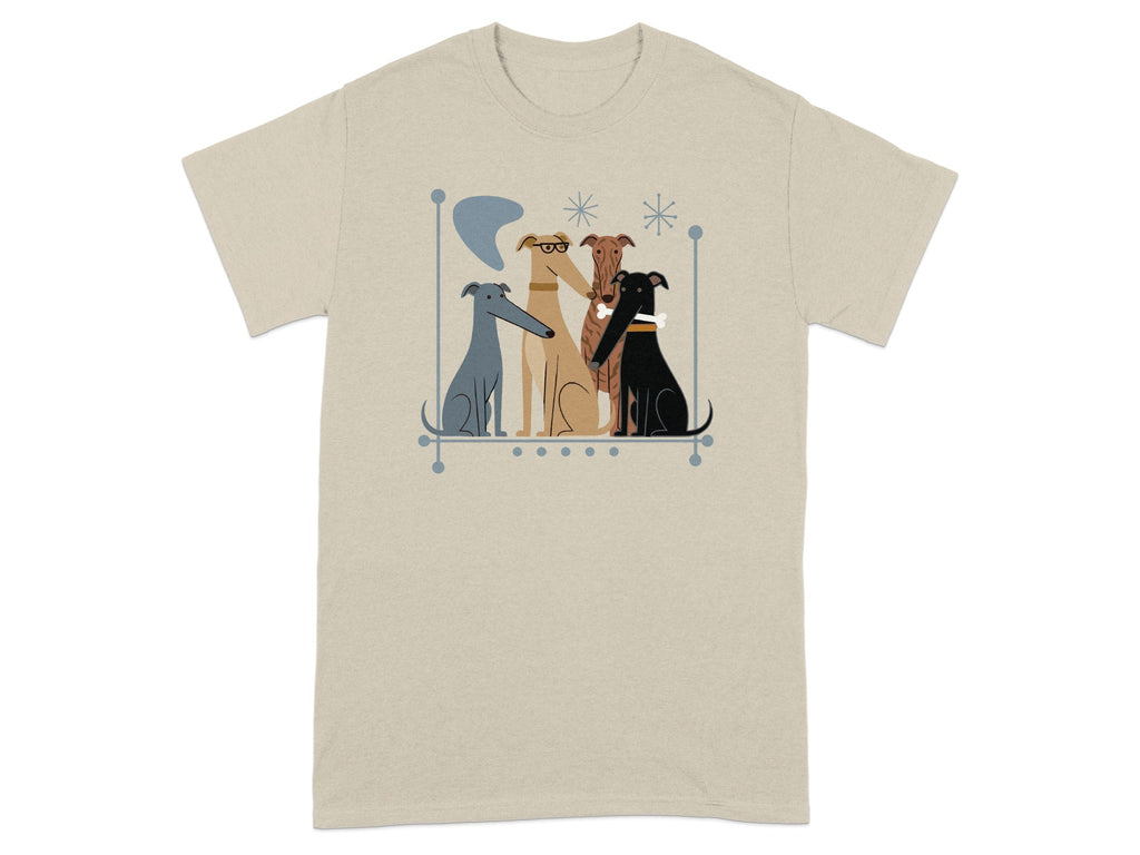 Four stylized dogs, two light tan, one dark brown, one black, on a shelf.