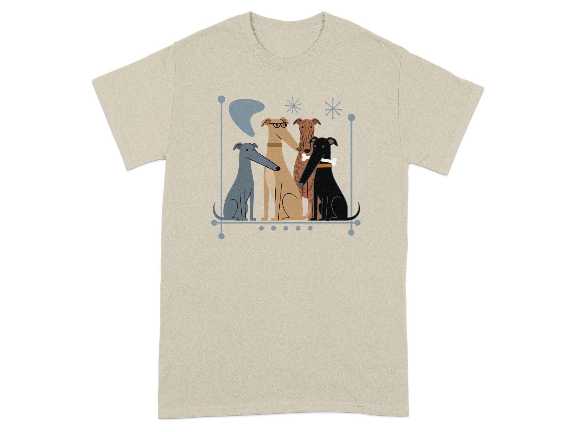 Four stylized dogs, two light tan, one dark brown, one black, on a shelf.