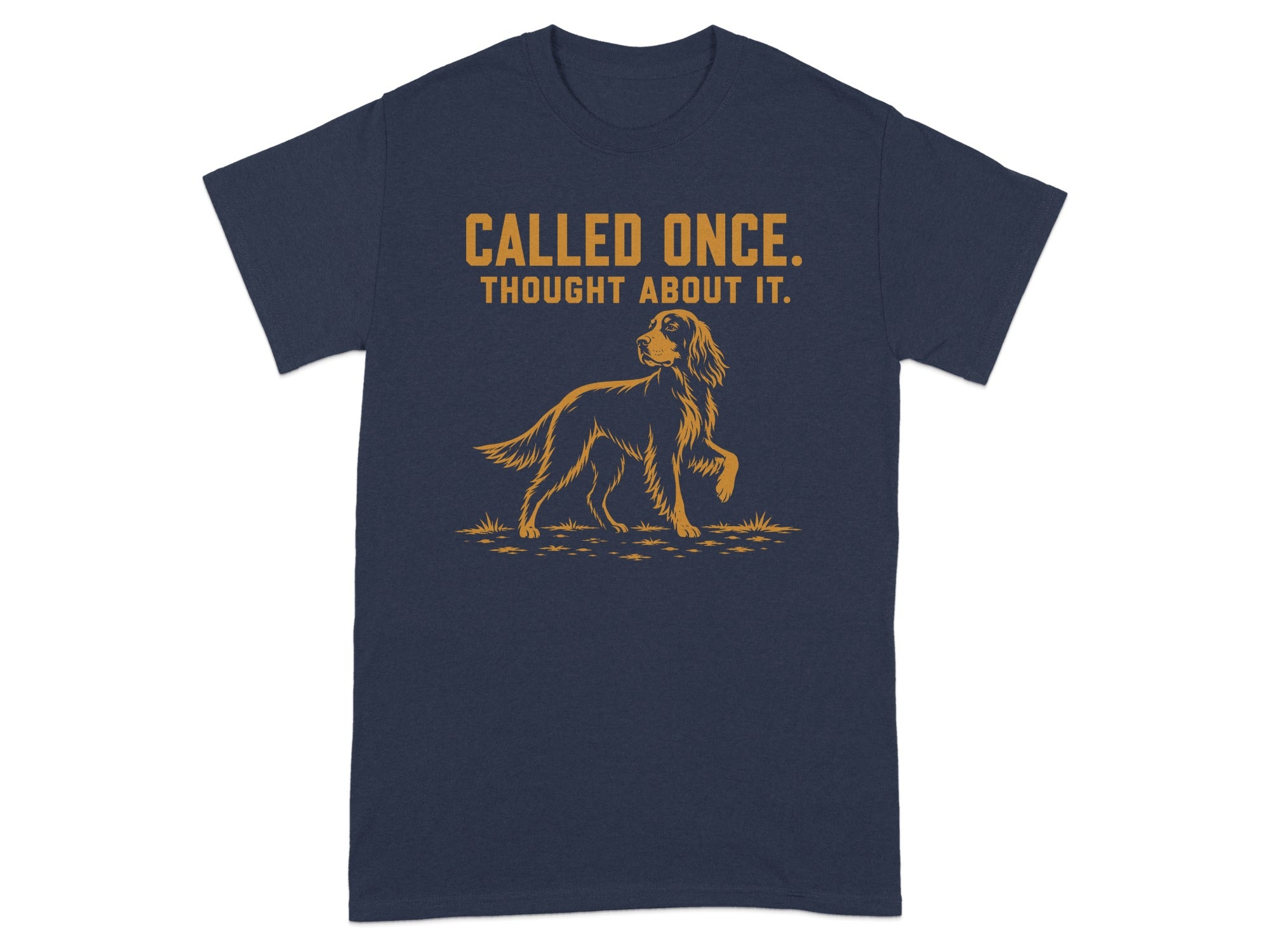 Navy t-shirt with an orange graphic of a dog and text.