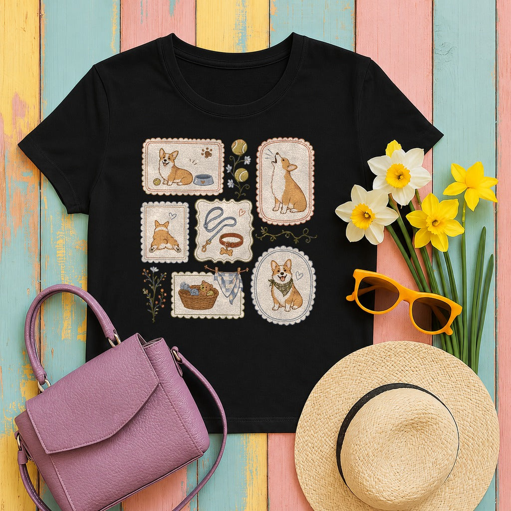 Cozy Corgi Vignettes T-Shirt in Black