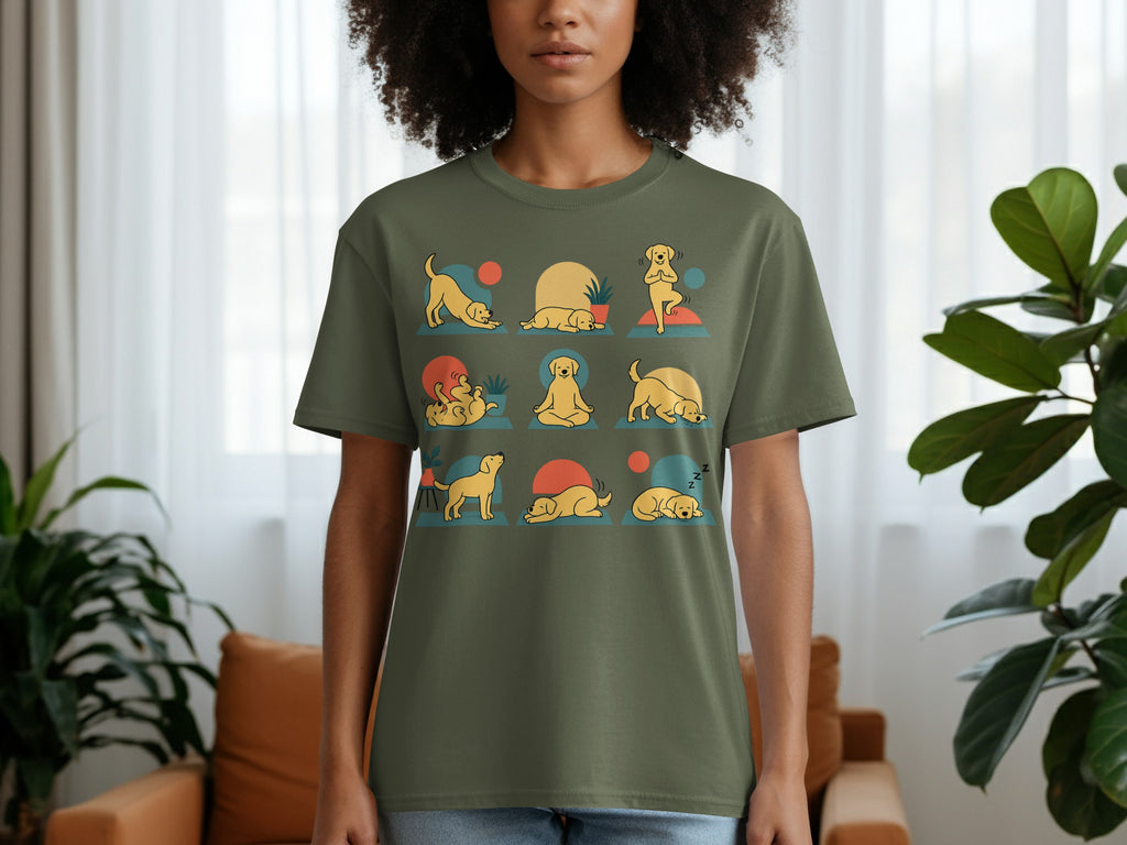 T-shirt with graphic of yellow dogs in various yoga poses with geometric shapes.
