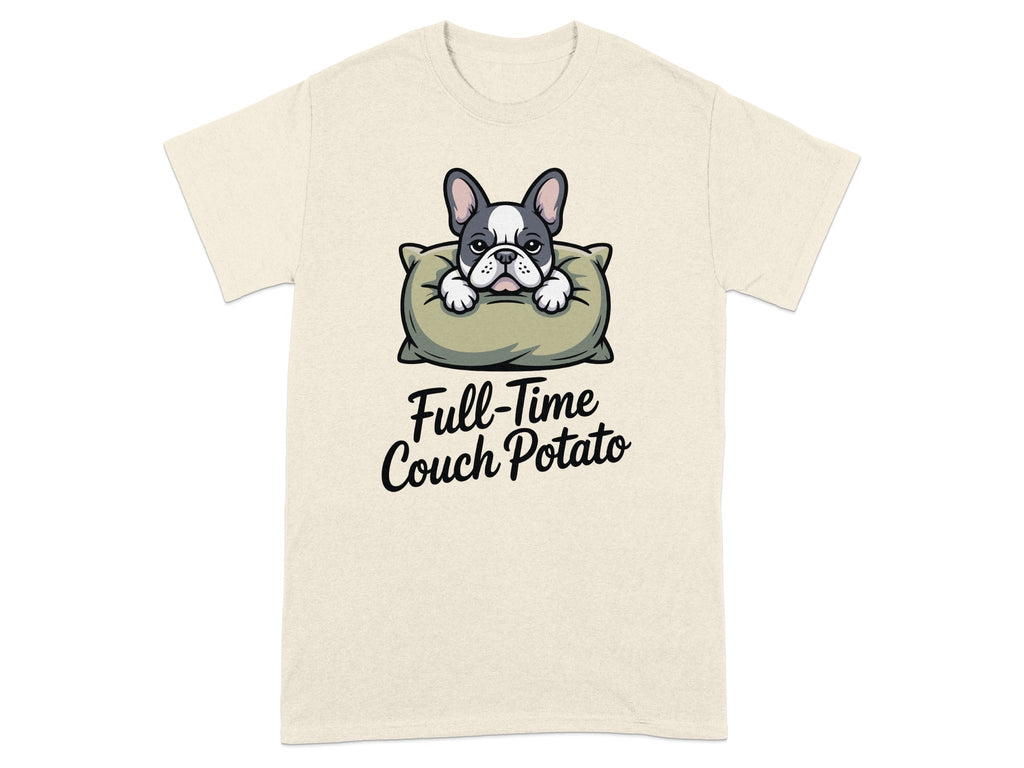 French bulldog resting on a pillow with "Full-Time Couch Potato" text.