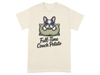 French bulldog resting on a pillow with "Full-Time Couch Potato" text.
