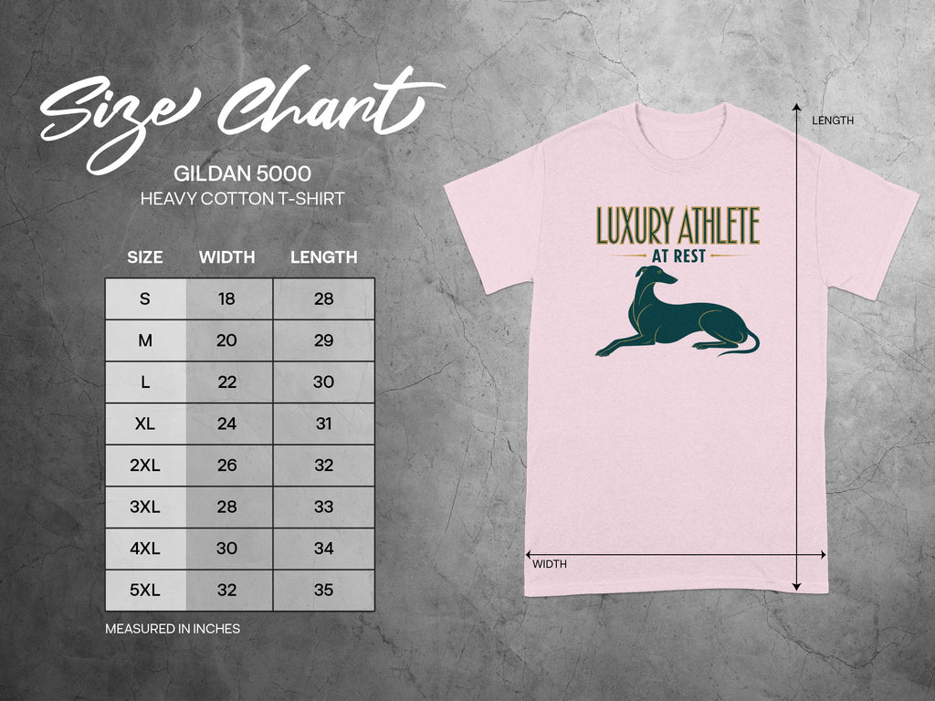 Gildan 5000 t-shirt size chart with width and length measurements in inches.