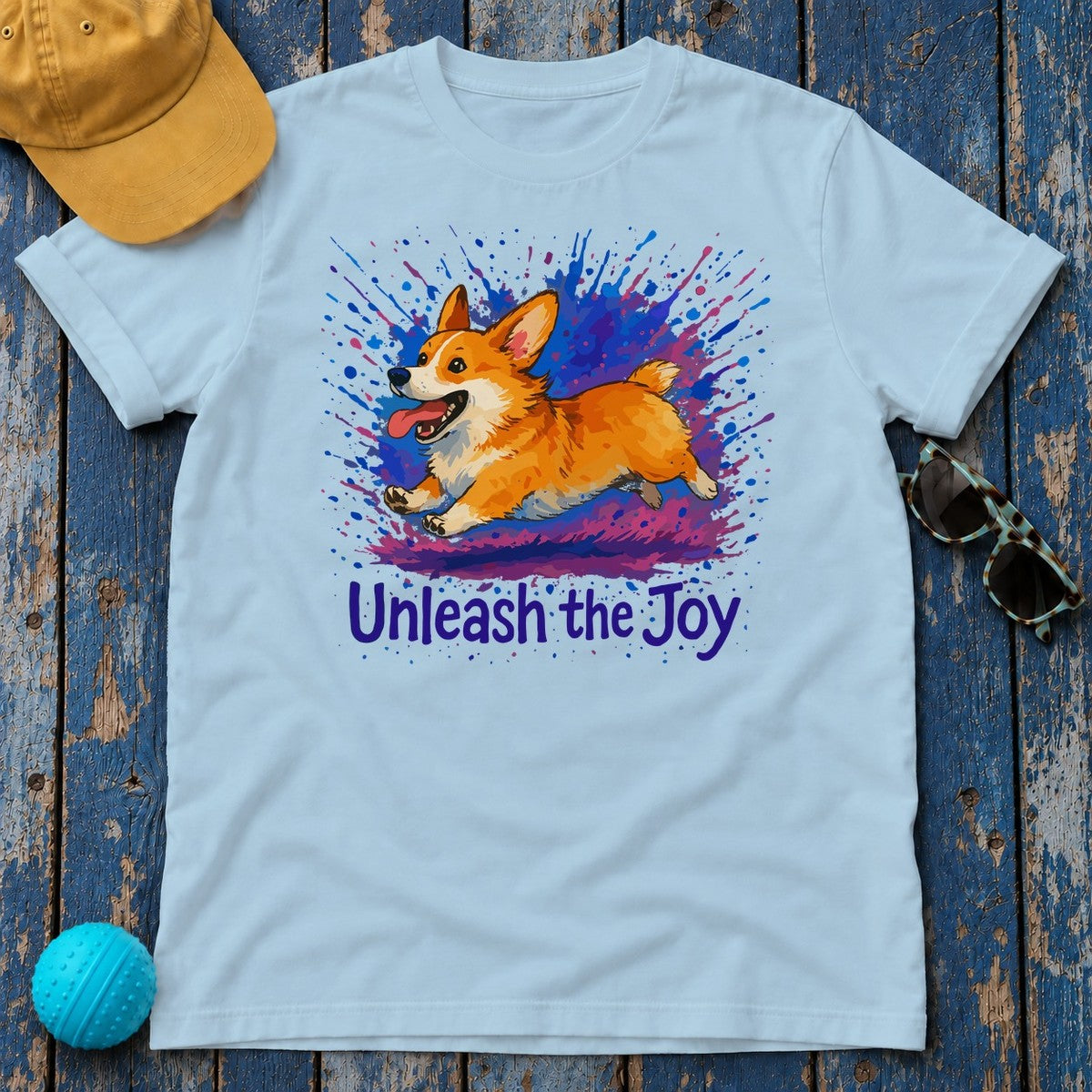 Joyful Corgi Splash Art T-Shirt in Light Blue