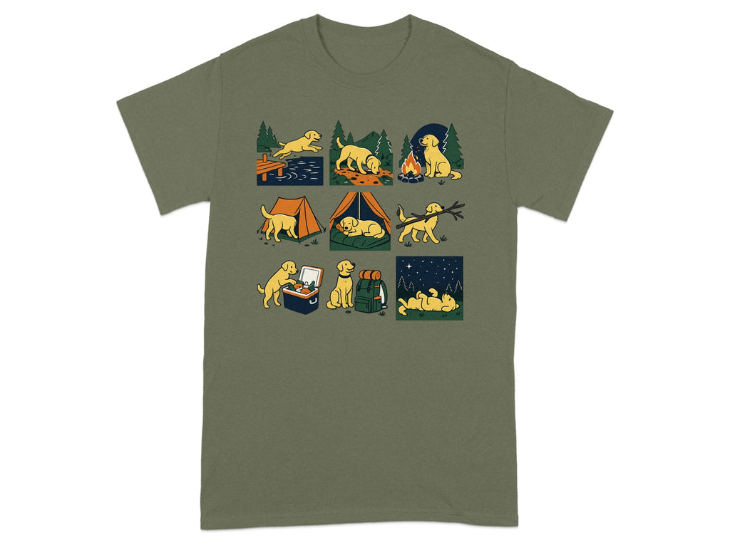 Olive green t-shirt with a nine-panel illustration of happy yellow dogs camping.