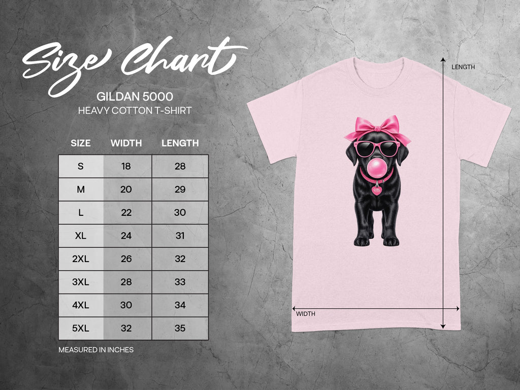GILDAN 5000 t-shirt size chart showing width and length measurements in inches.