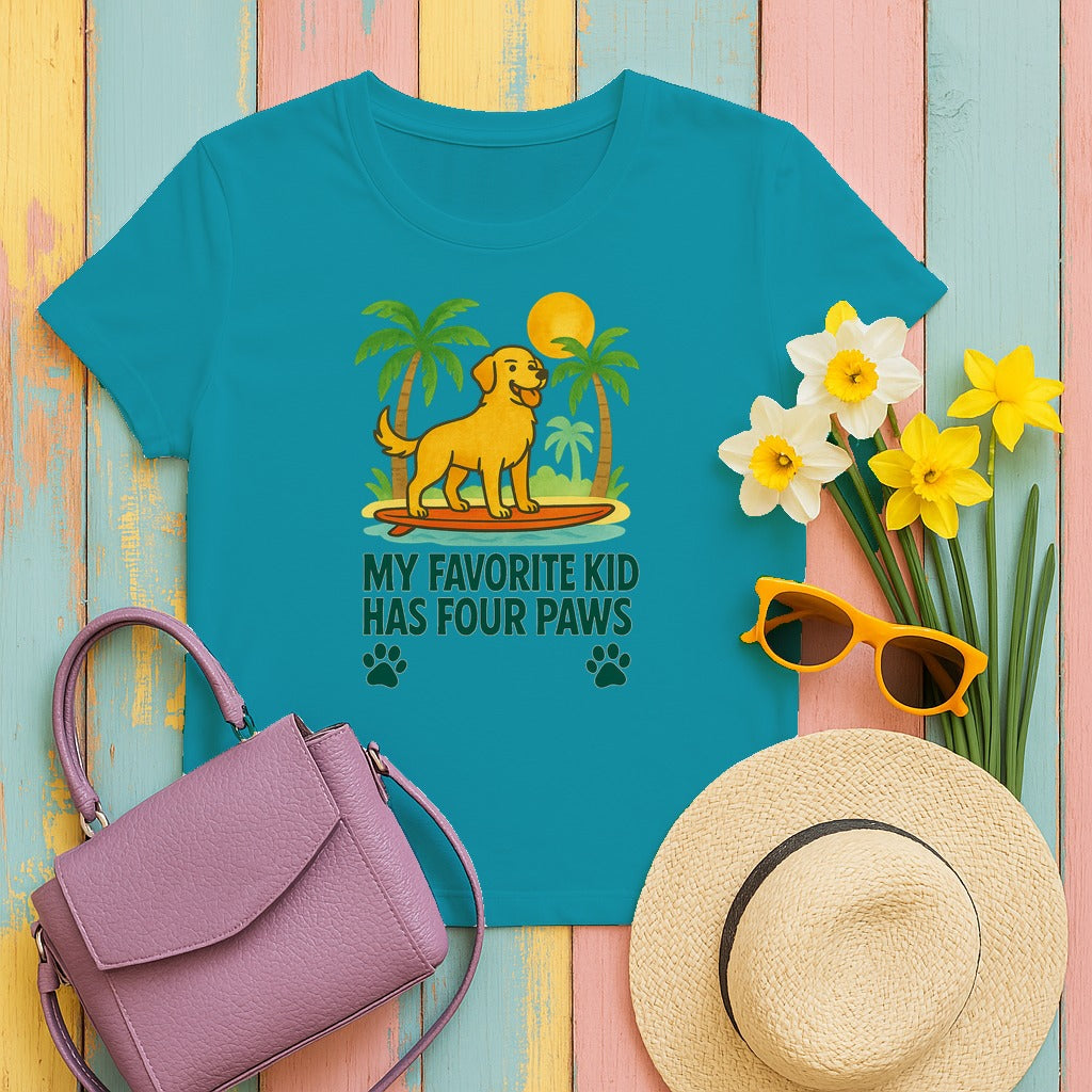 My Favorite Kid Has Four Paws Smiling Golden Retriever T-Shirt in Tropical Blue