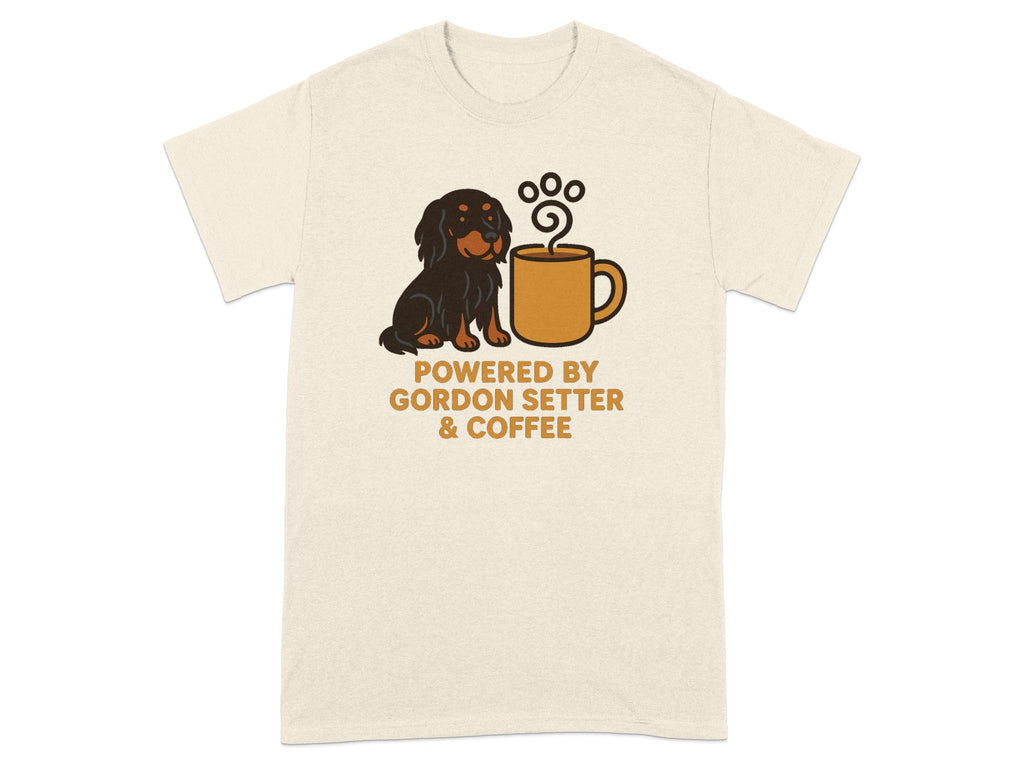 Gordon Setter and coffee mug graphic on a cream t-shirt, text reads "POWERED BY GORDON SETTER & COFFEE".