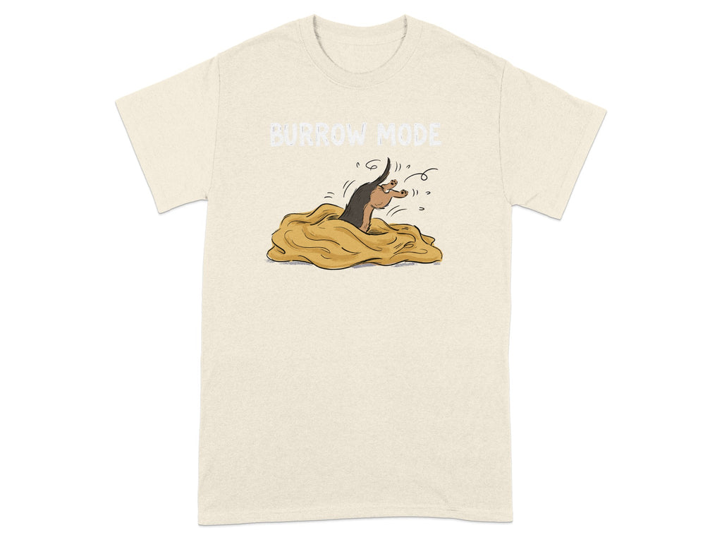 Beige t-shirt with cartoon mole emerging from dirt mound, text says "BURROW MODE".