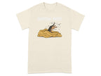 Beige t-shirt with cartoon mole emerging from dirt mound, text says "BURROW MODE".