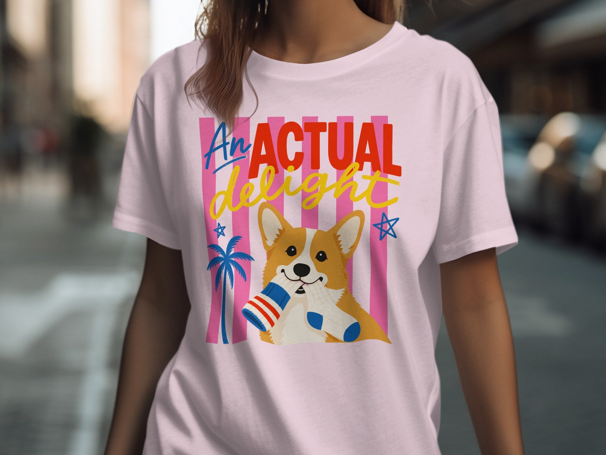 Pink t-shirt with a corgi holding a rolled-up flag and socks.