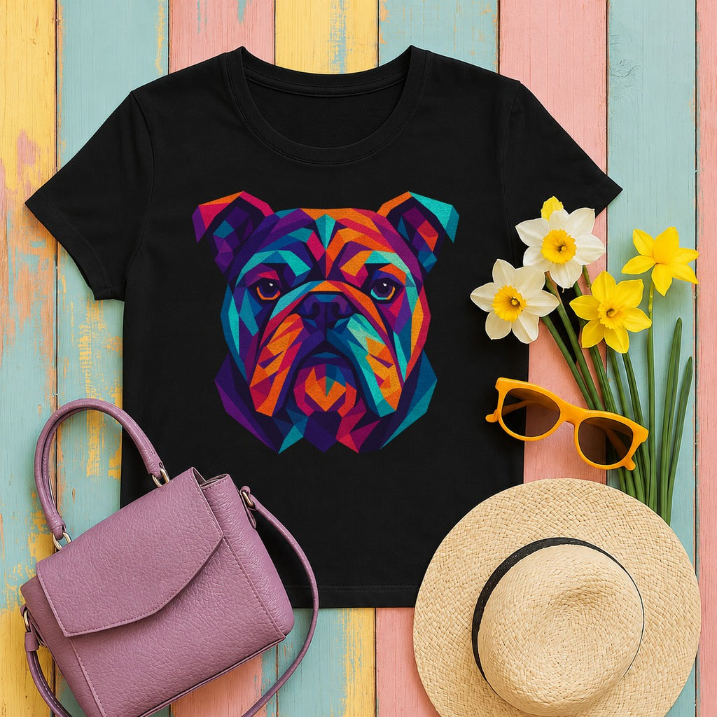 Colorful Geometric Bulldog Design Illustration Art T-Shirt in Black