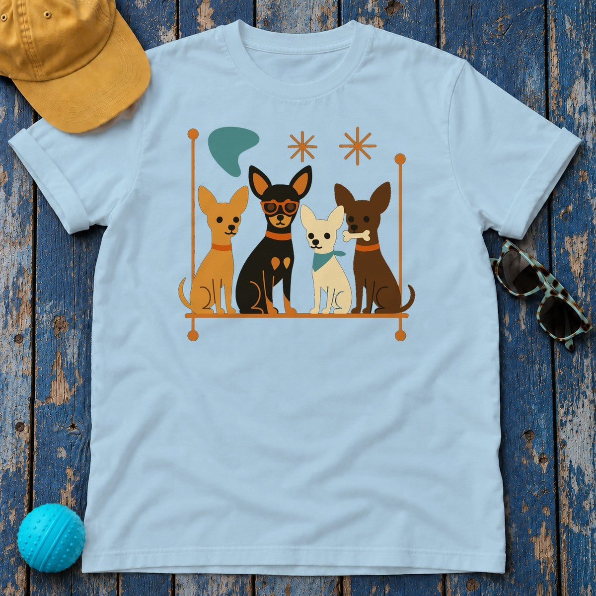 Mid-Century Chihuahua Crew T-Shirt in Light Blue