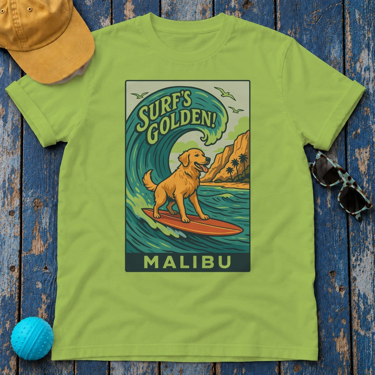 Surf's Golden Malibu Surfing Golden Retriever Dog T-Shirt in Kiwi