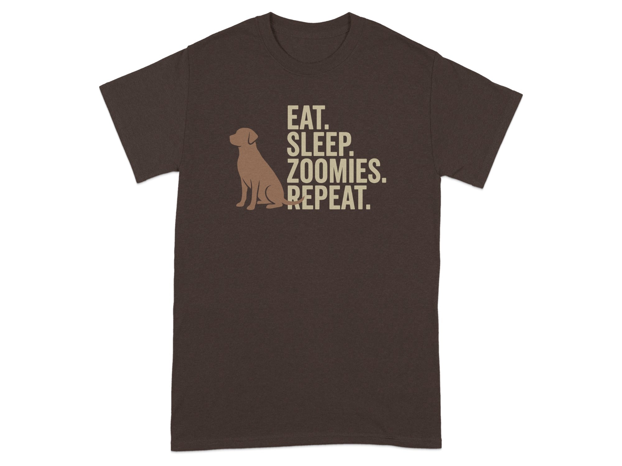 Brown t-shirt with dog silhouette and text "Eat. Sleep. Zoomies. Repeat."