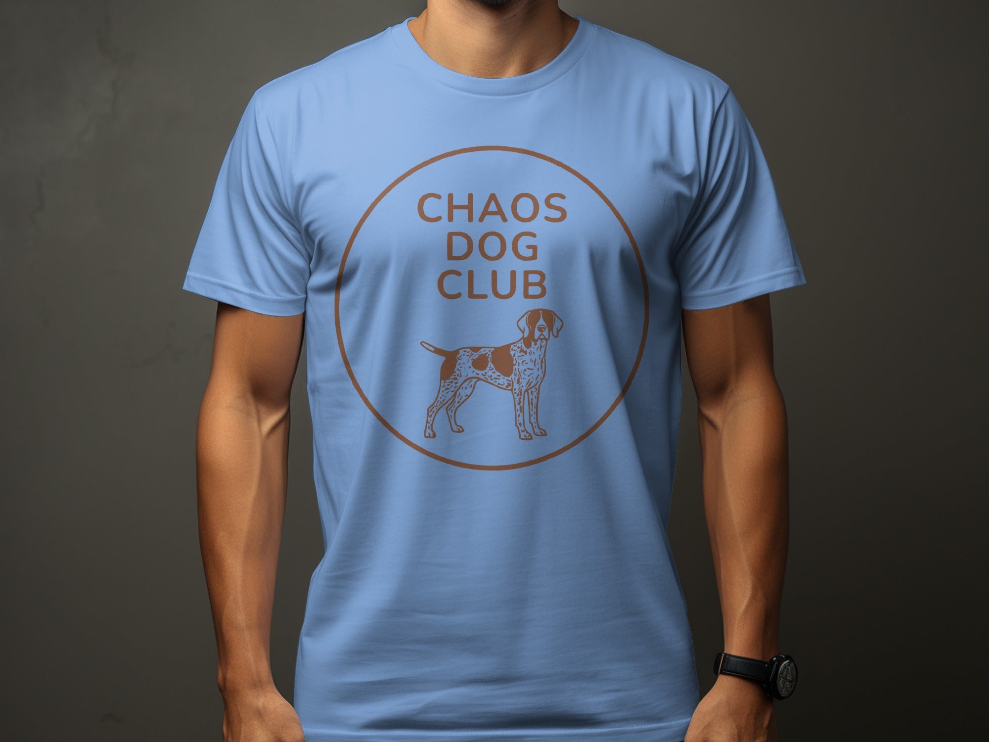 Light blue t-shirt with "Chaos Dog Club" text and a pointer dog graphic.