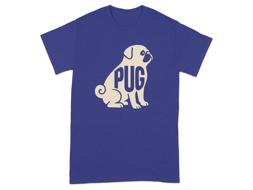 Short sleeve royal blue t-shirt with a cream pug sitting and the word "PUG" integrated.