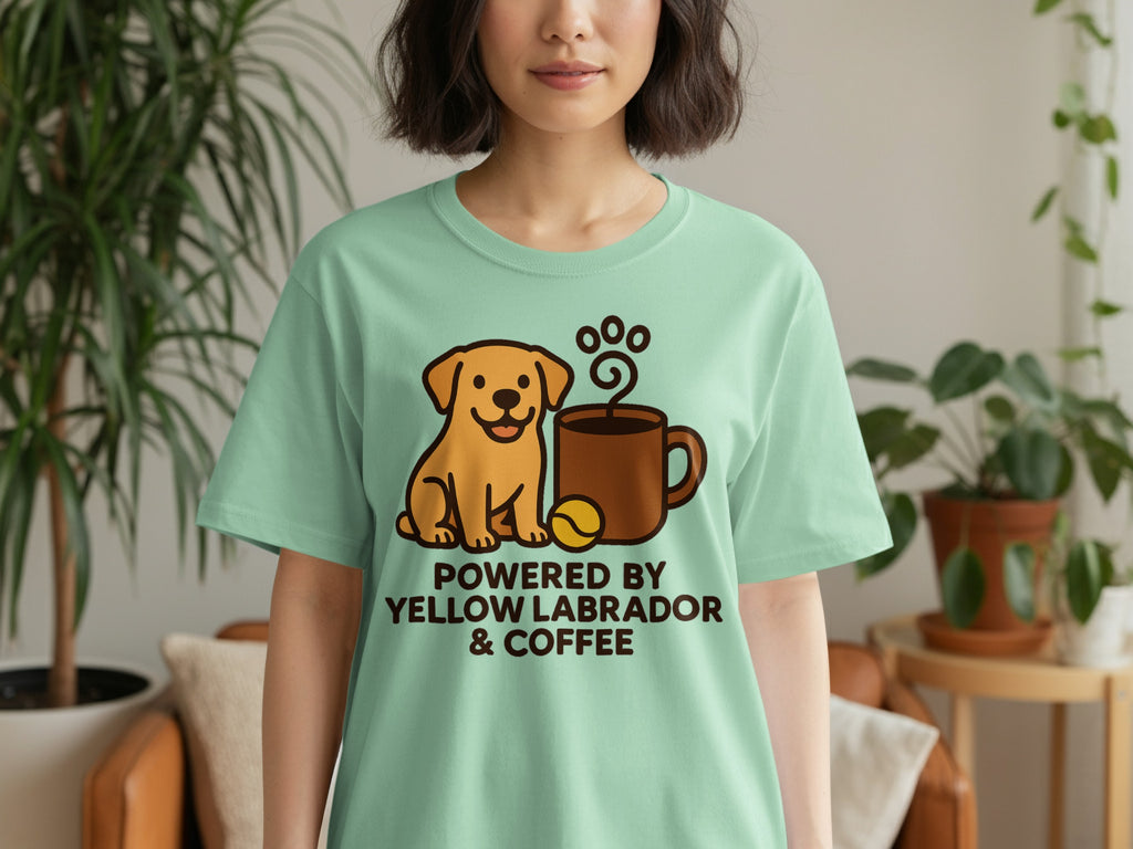 Light green t-shirt with yellow labrador, coffee, and text: "POWERED BY YELLOW LABRADOR & COFFEE".