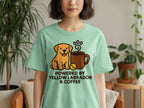 Light green t-shirt with yellow labrador, coffee, and text: "POWERED BY YELLOW LABRADOR & COFFEE".