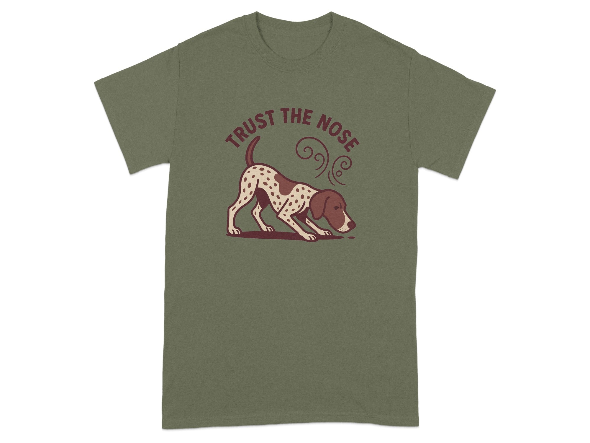 T-shirt with brown and white spotted dog graphic and text "TRUST THE NOSE".