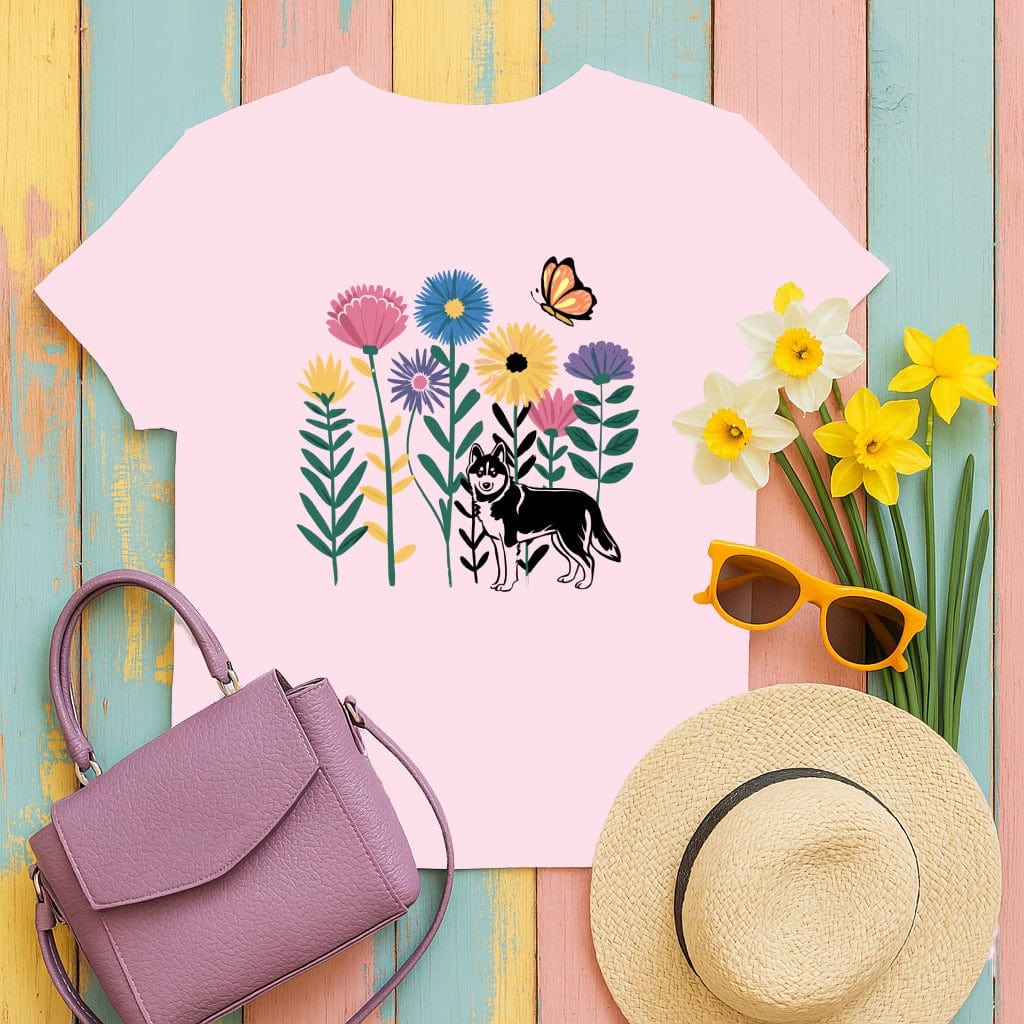 Floral Design with Dog and Butterfly T-Shirt Product