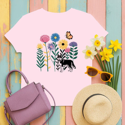 Floral Design with Dog and Butterfly T-Shirt Product