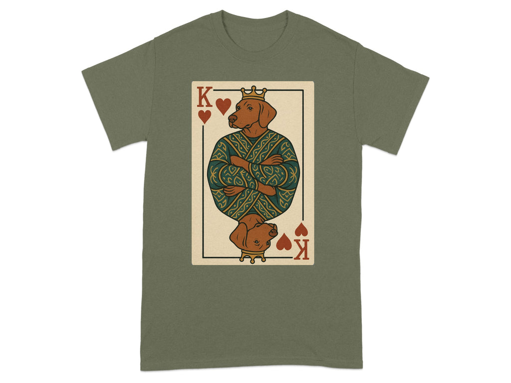 T-shirt with King of Hearts playing card featuring a crowned dog in ornate clothing.