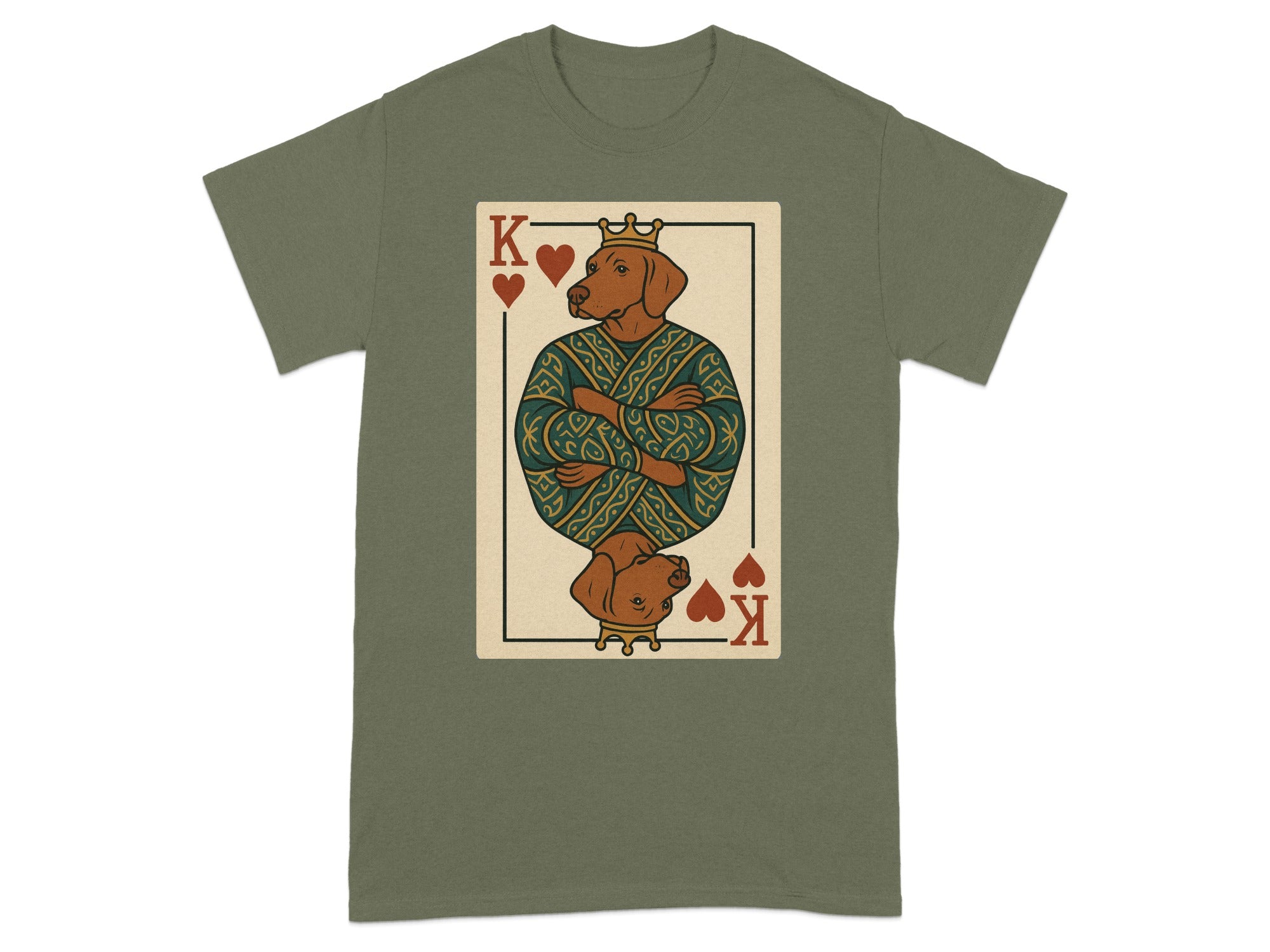 T-shirt with King of Hearts playing card featuring a crowned dog in ornate clothing.