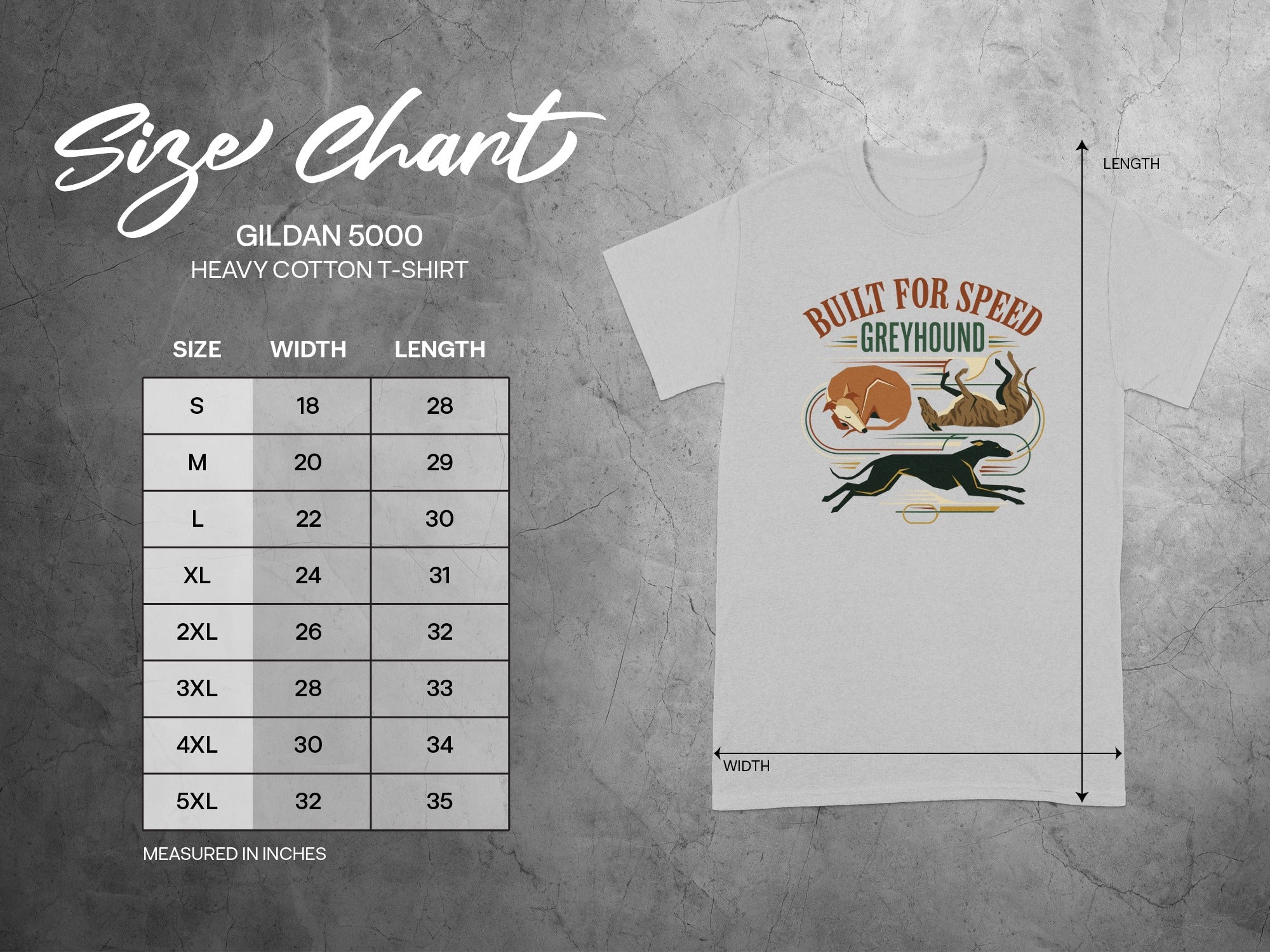 Gildan 5000 heavy cotton t-shirt size chart with Greyhound graphic.