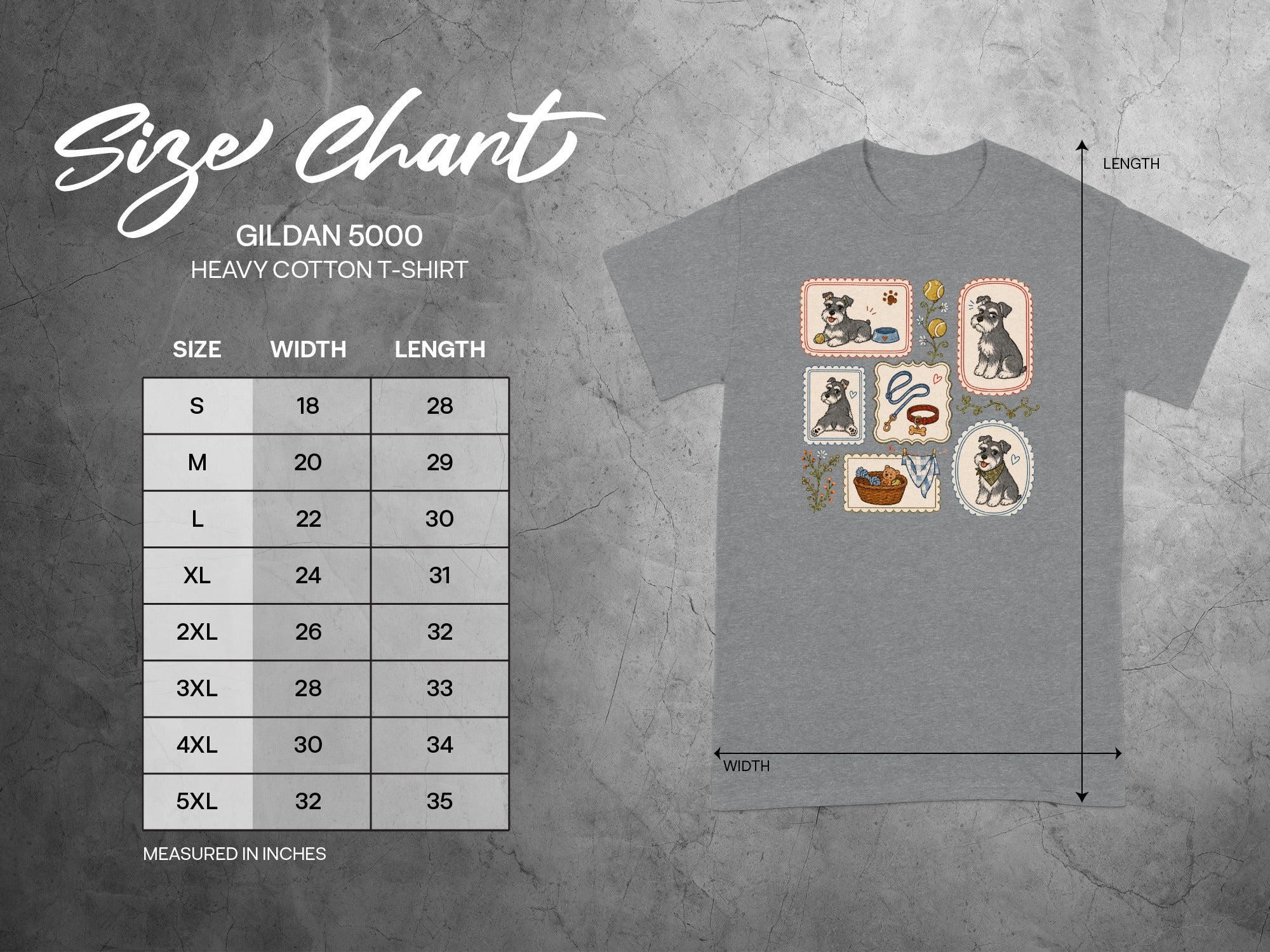 Gildan 5000 Heavy Cotton T-shirt size chart with width and length measurements.