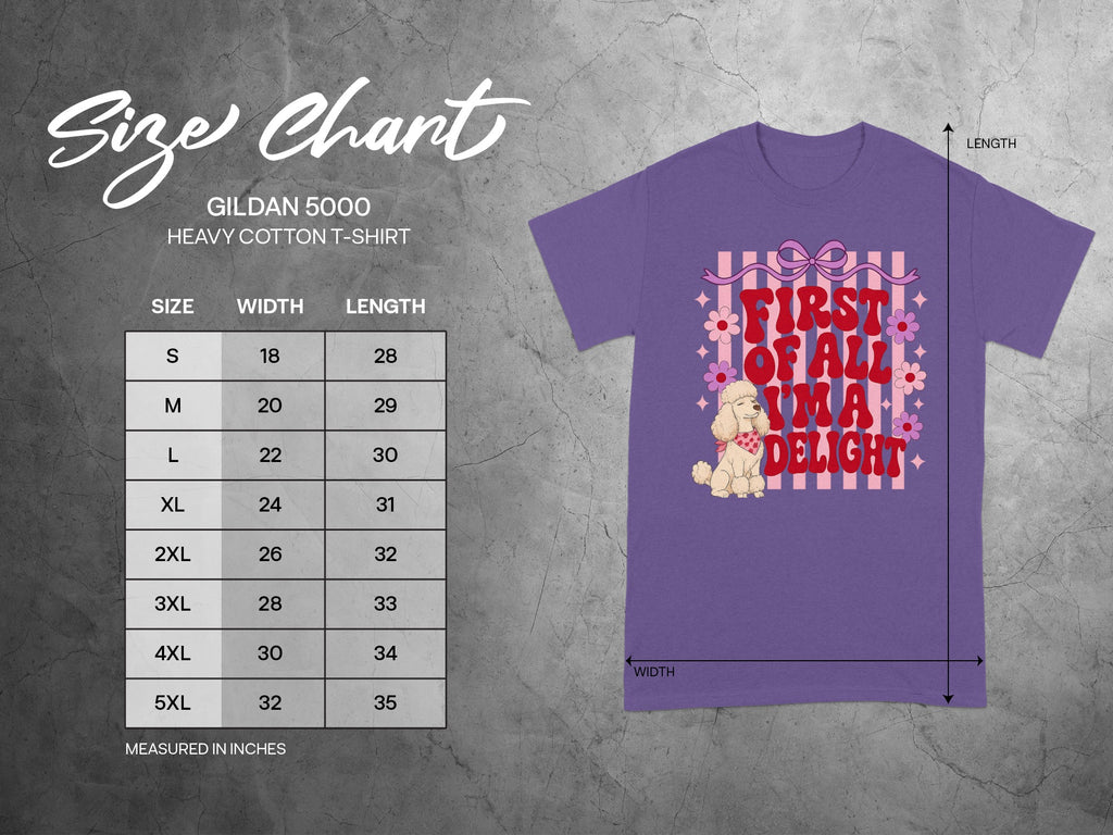 Gildan 5000 size chart for heavy cotton t-shirt with measurements.