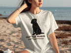 White t-shirt with black Labrador graphic and text "SELECTIVE HEARING SINCE PUPPYHOOD".