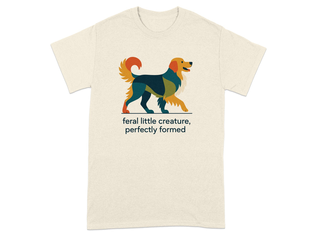 Cream t-shirt with a colorful geometric dog illustration and text.