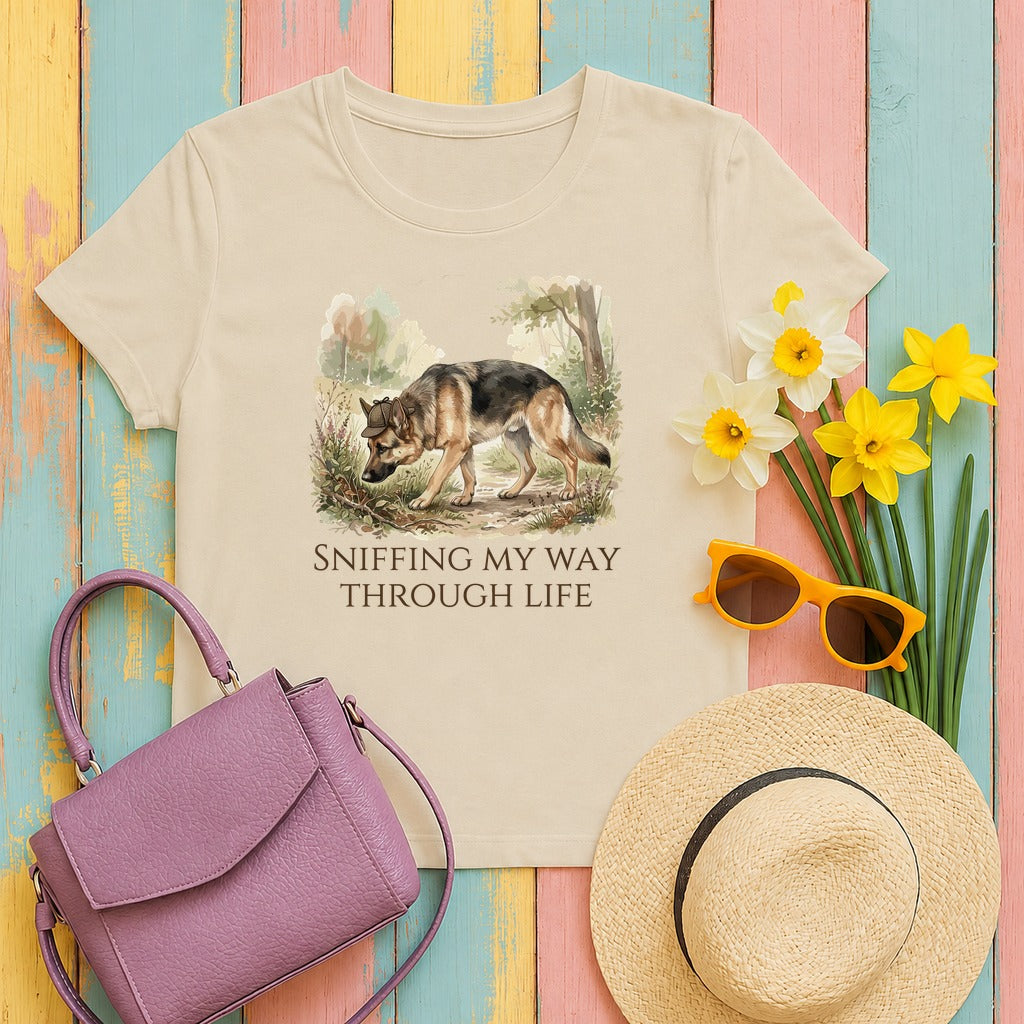 Woodland Wanderer German Shepherd T-Shirt in Sand