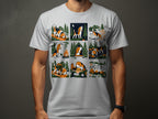 T-shirt with nine cartoon panels of a beagle dog camping and exploring outdoors.