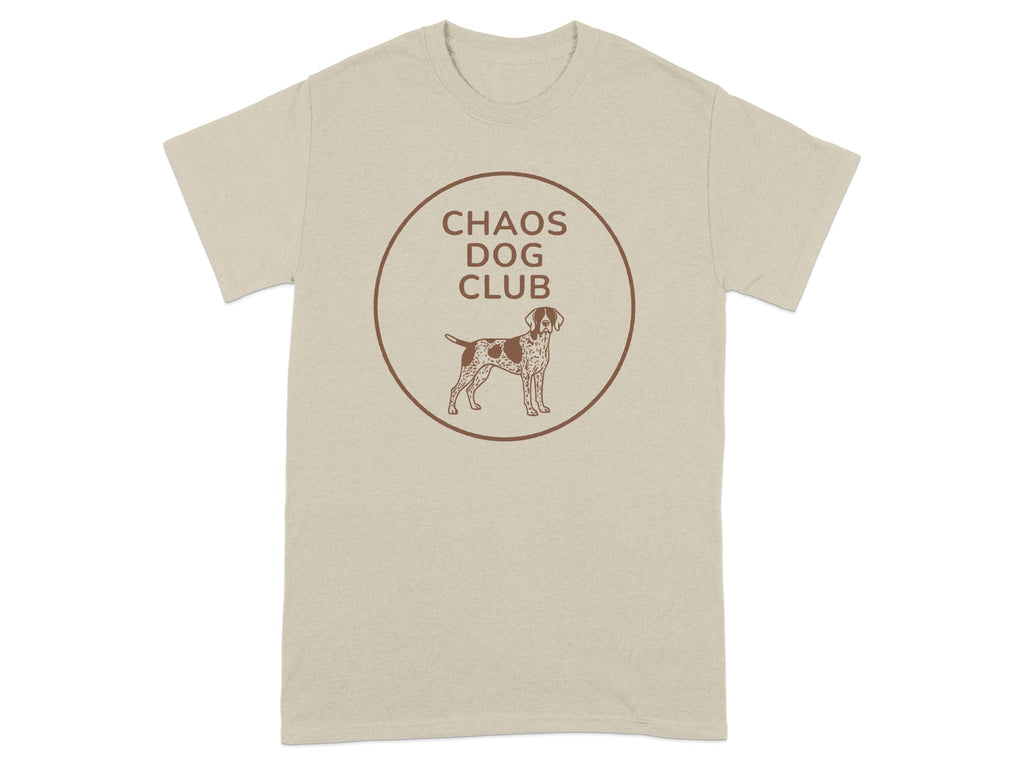 Beige t-shirt with brown circle logo featuring a dog and "Chaos Dog Club" text.