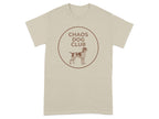 Beige t-shirt with brown circle logo featuring a dog and "Chaos Dog Club" text.