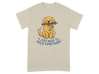 Golden retriever wearing a sock holds a stick in its mouth.